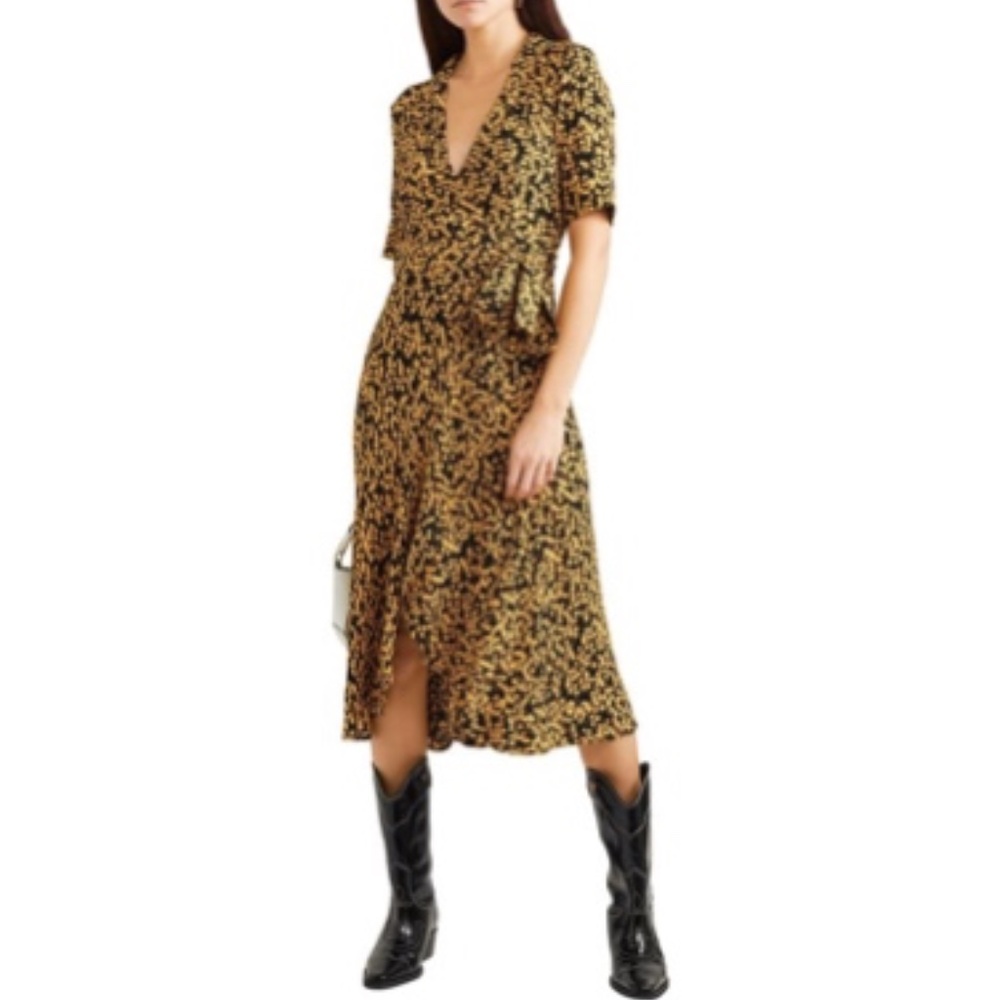Ganni Floral Dexter Wrap Dress Goldstone Black Yellow Size 36